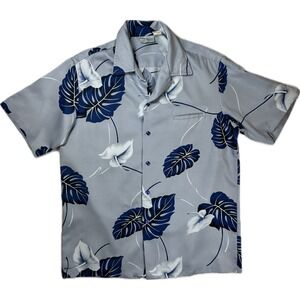 Mark Raysten Division of Malihini Mens Grey Navy Monstera Hawaiian Shirt L
